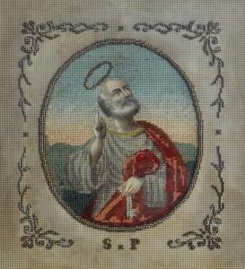 St Peter Holding the Keys of Heaven Religious Needlepoint Antique Picture (1).JPG
